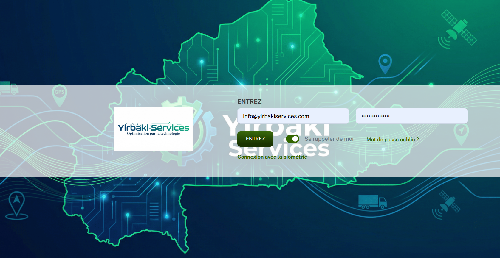 Plateforme de gestion GPS Yirbaki Services - Interface de connexion sécurisée